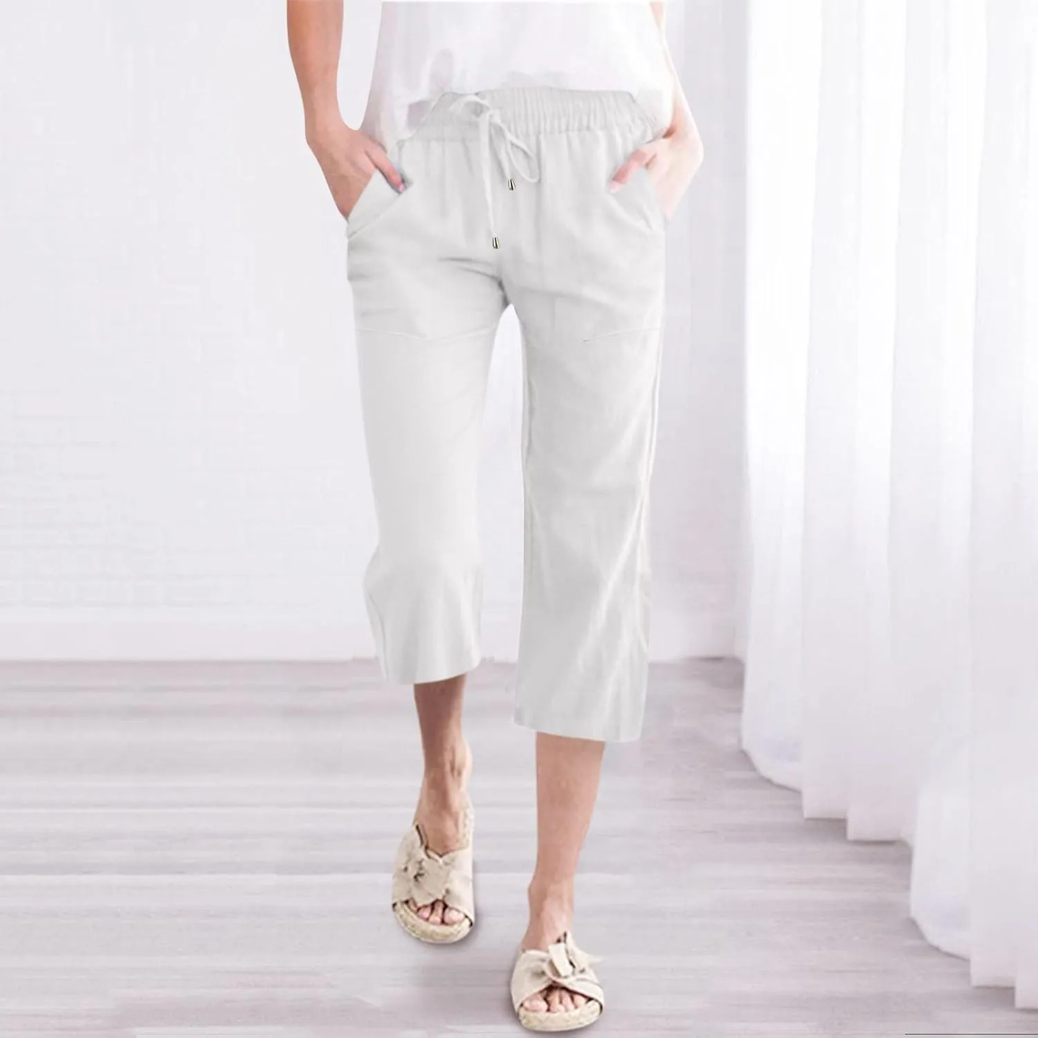 Capris Pants for Women Casual Summer 2025 Cotton Linen Palazzo Drawstring High Waist Wide Leg Cropped Trouser