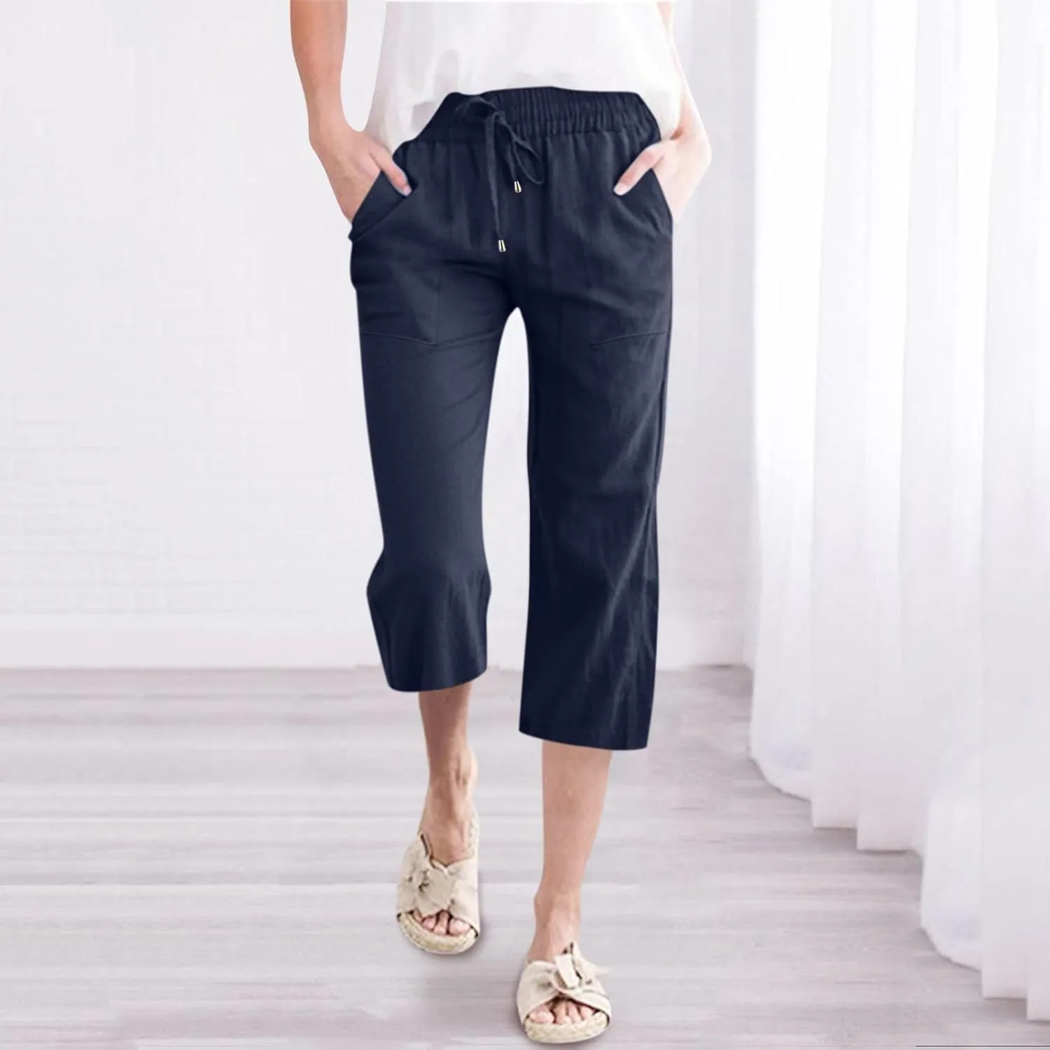 Capris Pants for Women Casual Summer 2025 Cotton Linen Palazzo Drawstring High Waist Wide Leg Cropped Trouser