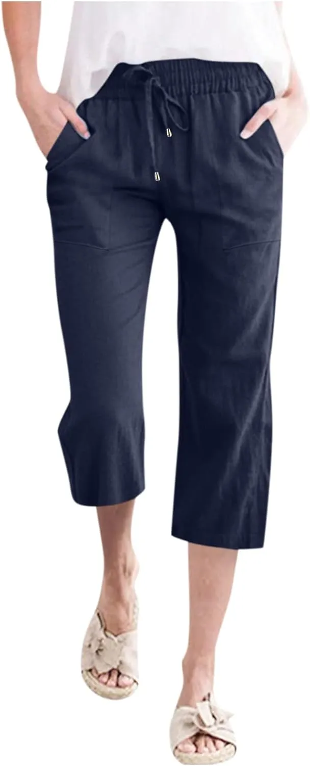 Capris Pants for Women Casual Summer 2025 Cotton Linen Palazzo Drawstring High Waist Wide Leg Cropped Trouser
