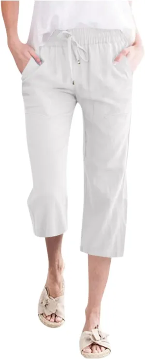 Capris Pants for Women Casual Summer 2025 Cotton Linen Palazzo Drawstring High Waist Wide Leg Cropped Trouser