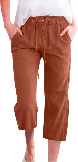 Capris Pants for Women Summer 2025 Plus Size Cotton Linen Pants Straight Leg Drawstring Elastic Waist Cropped Trouser