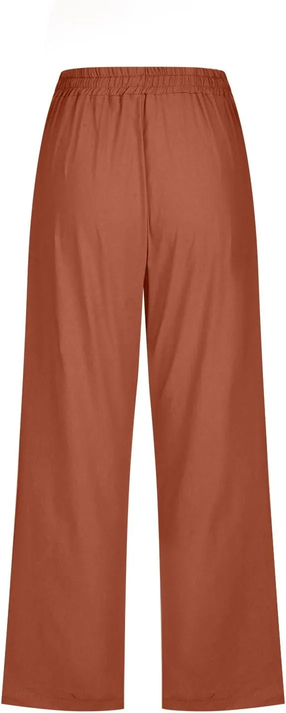 Capris Pants for Women Summer 2025 Plus Size Cotton Linen Pants Straight Leg Drawstring Elastic Waist Cropped Trouser