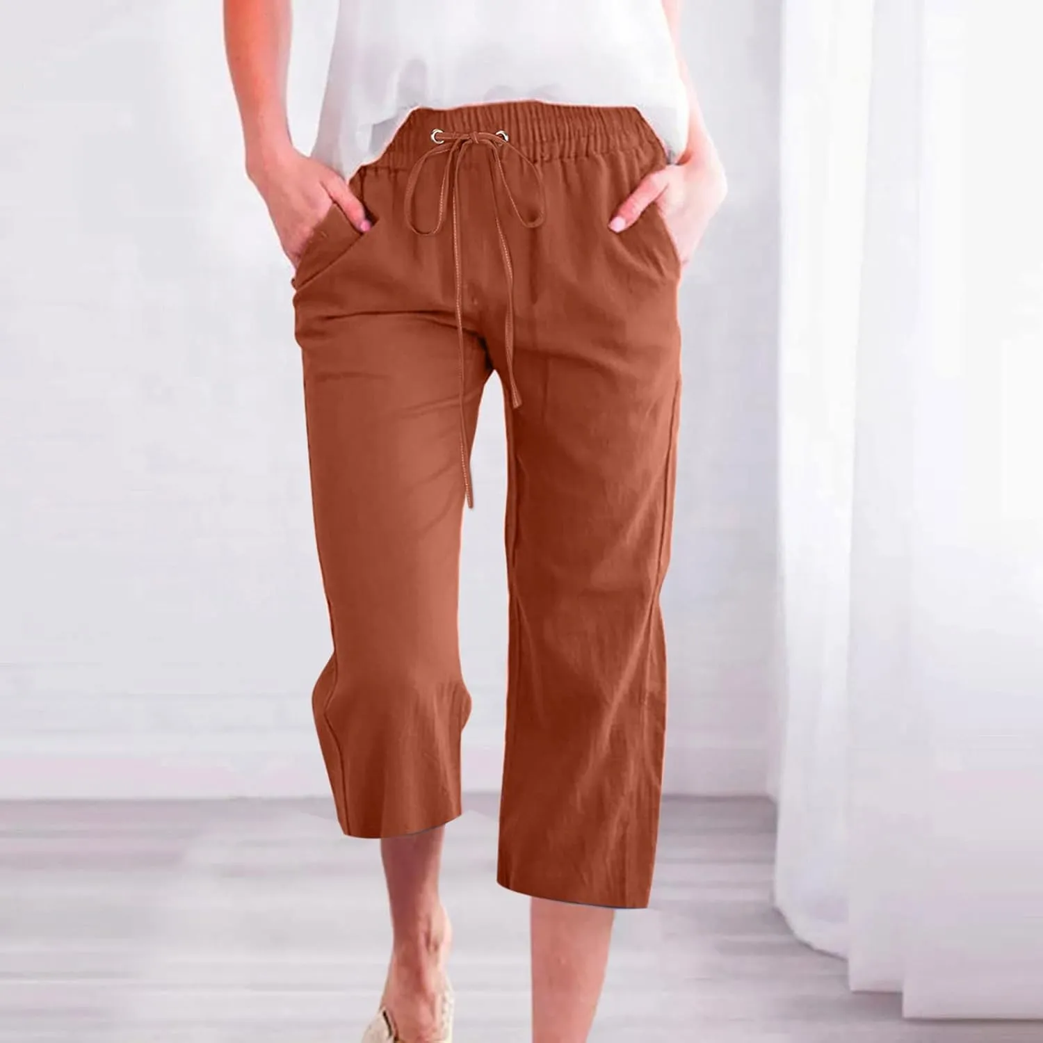 Capris Pants for Women Summer 2025 Plus Size Cotton Linen Pants Straight Leg Drawstring Elastic Waist Cropped Trouser
