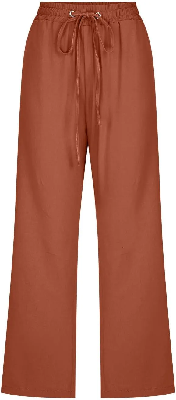 Capris Pants for Women Summer 2025 Plus Size Cotton Linen Pants Straight Leg Drawstring Elastic Waist Cropped Trouser