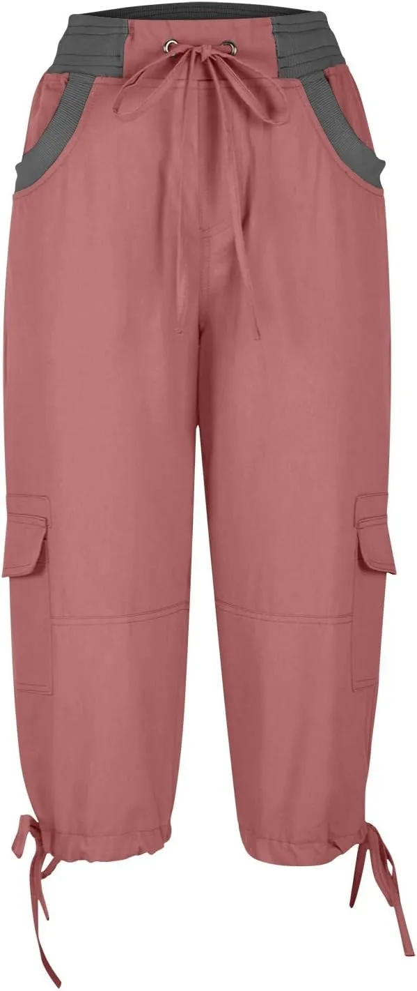 Cargo Capris for Women Relaxed Fit Straight Leg Linen Pants Summer Elastic High Waisted Cropped Pants with Pockets