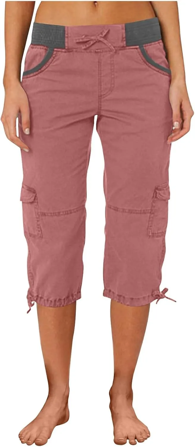 Cargo Capris for Women Relaxed Fit Straight Leg Linen Pants Summer Elastic High Waisted Cropped Pants with Pockets