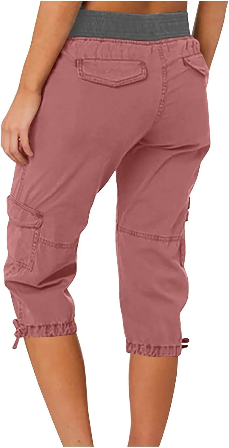 Cargo Capris for Women Relaxed Fit Straight Leg Linen Pants Summer Elastic High Waisted Cropped Pants with Pockets