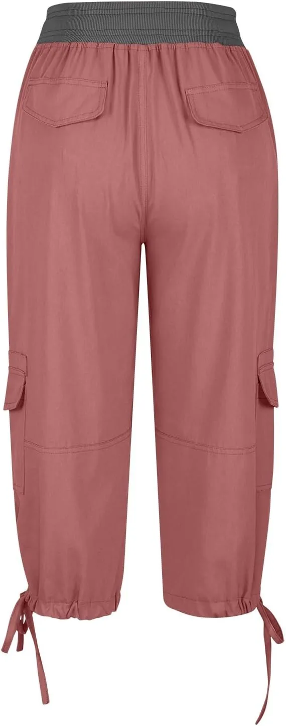 Cargo Capris for Women Relaxed Fit Straight Leg Linen Pants Summer Elastic High Waisted Cropped Pants with Pockets