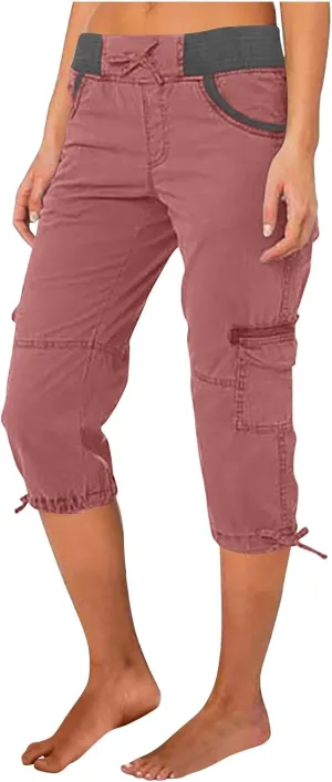 Cargo Capris for Women Relaxed Fit Straight Leg Linen Pants Summer Elastic High Waisted Cropped Pants with Pockets