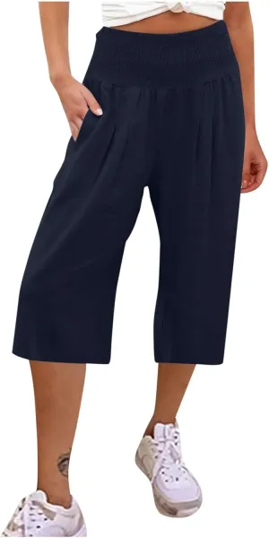 Cargo Shorts Women 2024 Shorts for Women Long Shorts Below The Knee Casual Summer Elastic Waist Flowy Beach Shorts Cotton Linen Loose Fit Navy L