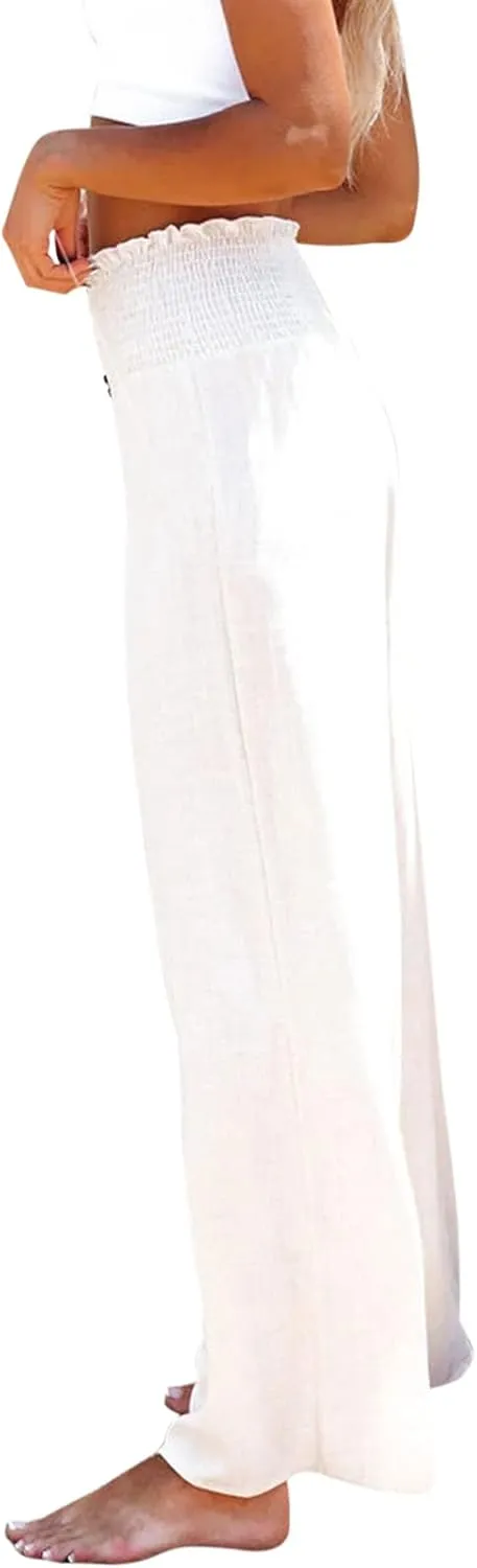Chatinction Wide Leg Palazzo Pants for Women's Casual Smocked High Waist Trousers Solid Flowy Tiered Pants