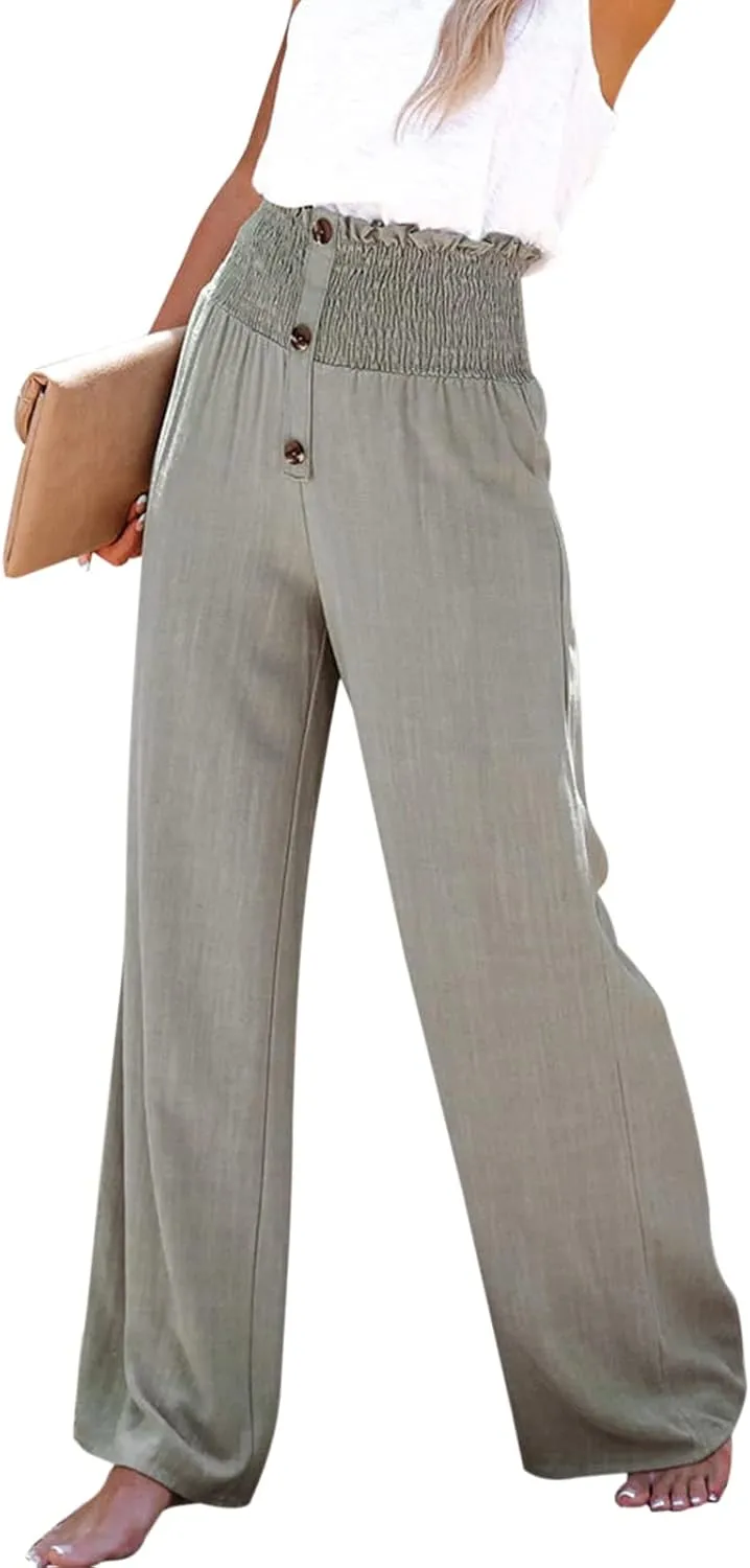 Chatinction Wide Leg Palazzo Pants for Women's Casual Smocked High Waist Trousers Solid Flowy Tiered Pants