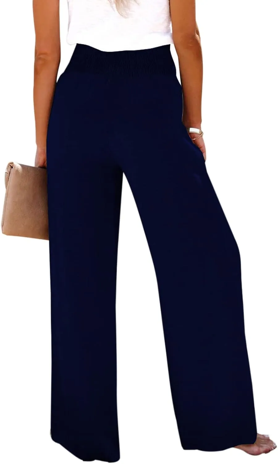 Chatinction Wide Leg Palazzo Pants for Women's Casual Smocked High Waist Trousers Solid Flowy Tiered Pants