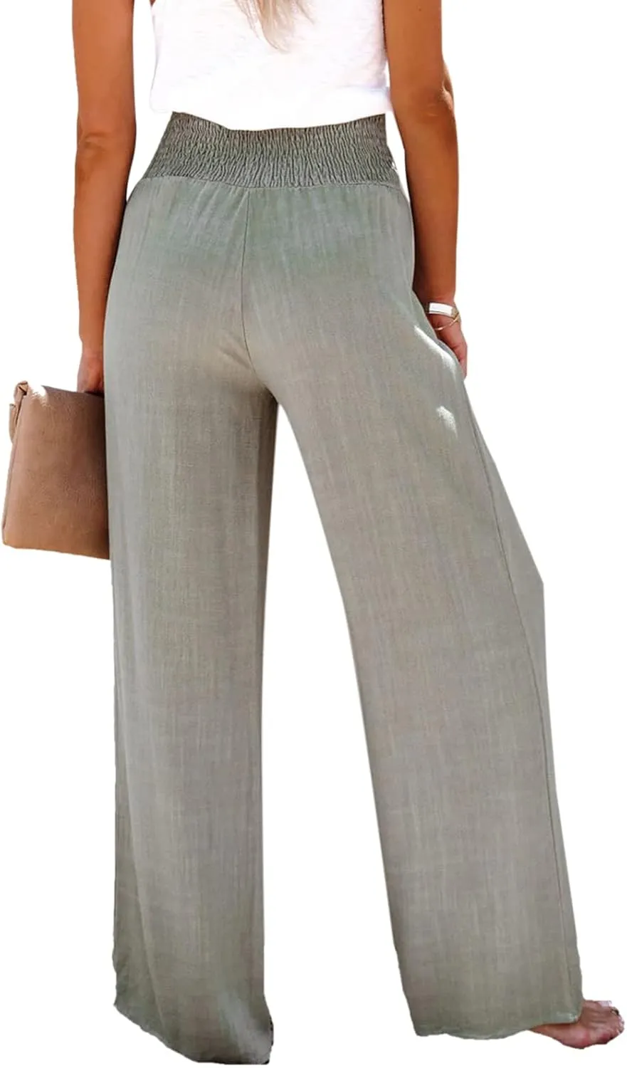 Chatinction Wide Leg Palazzo Pants for Women's Casual Smocked High Waist Trousers Solid Flowy Tiered Pants