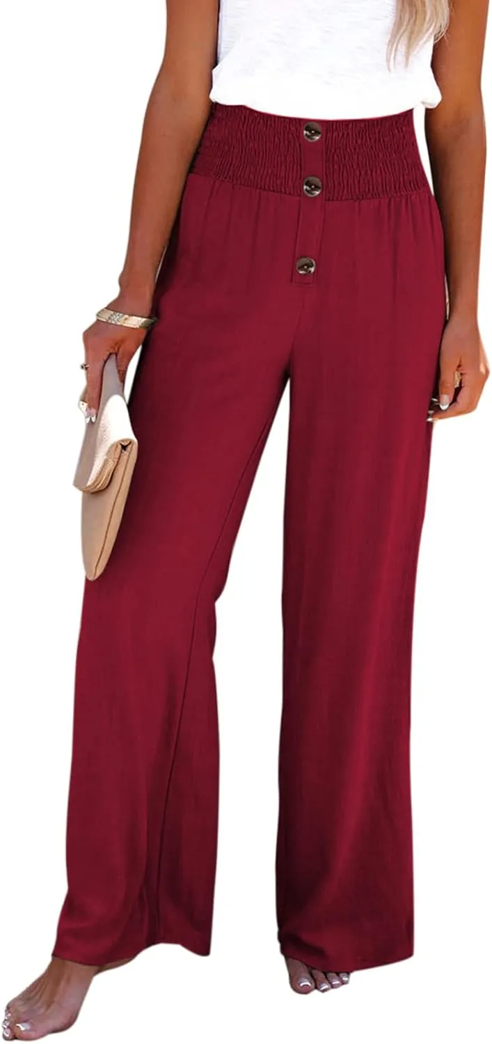 Chatinction Wide Leg Palazzo Pants for Women's Casual Smocked High Waist Trousers Solid Flowy Tiered Pants