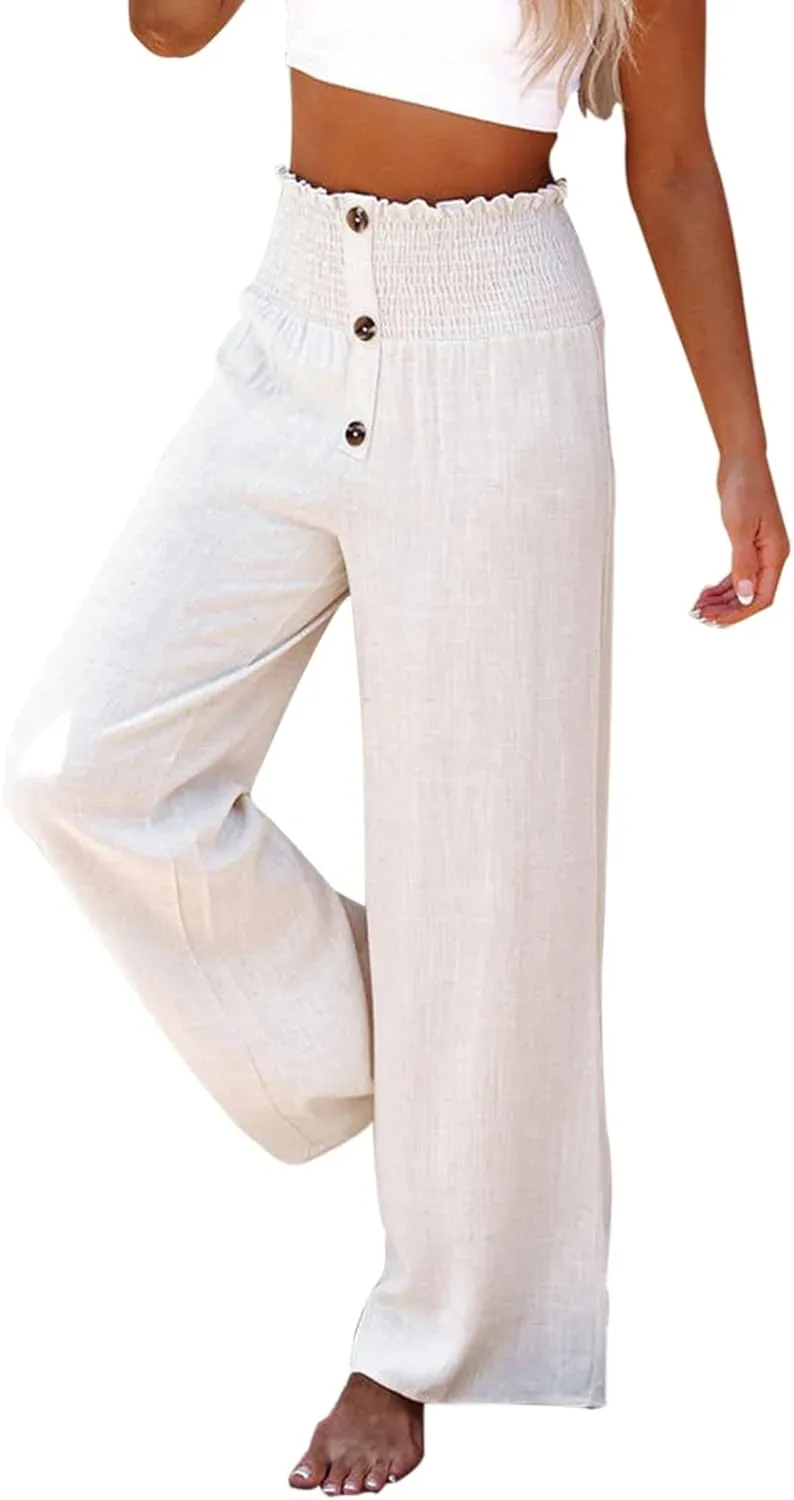 Chatinction Wide Leg Palazzo Pants for Women's Casual Smocked High Waist Trousers Solid Flowy Tiered Pants