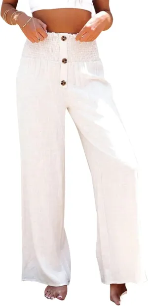 Chatinction Wide Leg Palazzo Pants for Women's Casual Smocked High Waist Trousers Solid Flowy Tiered Pants