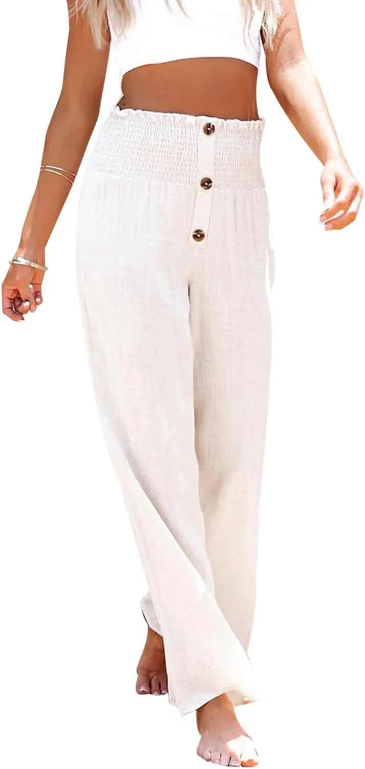 Chatinction Wide Leg Palazzo Pants for Women's Casual Smocked High Waist Trousers Solid Flowy Tiered Pants