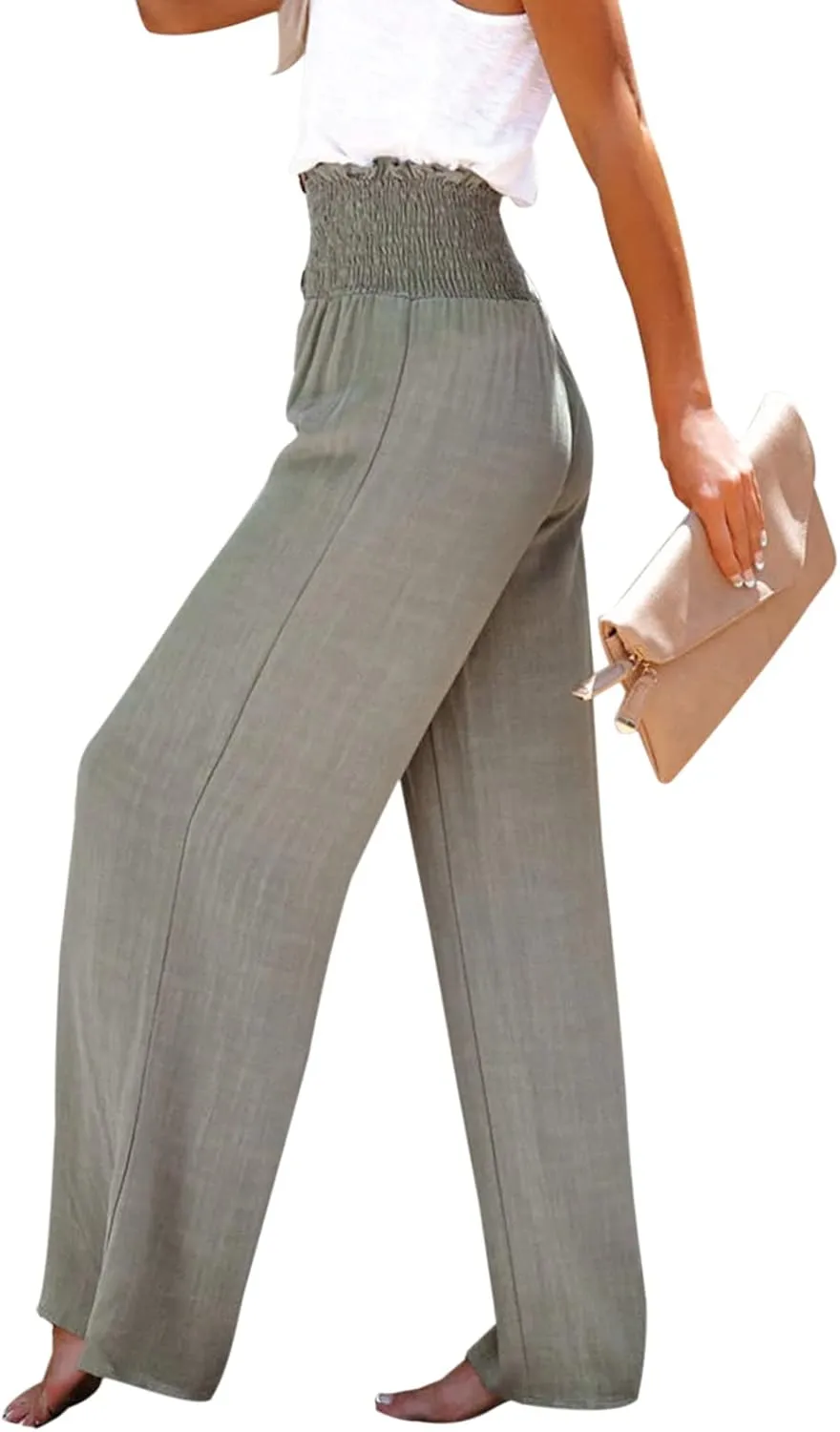 Chatinction Wide Leg Palazzo Pants for Women's Casual Smocked High Waist Trousers Solid Flowy Tiered Pants