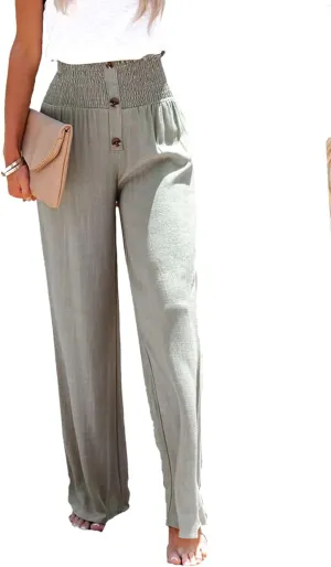 Chatinction Wide Leg Palazzo Pants for Women's Casual Smocked High Waist Trousers Solid Flowy Tiered Pants