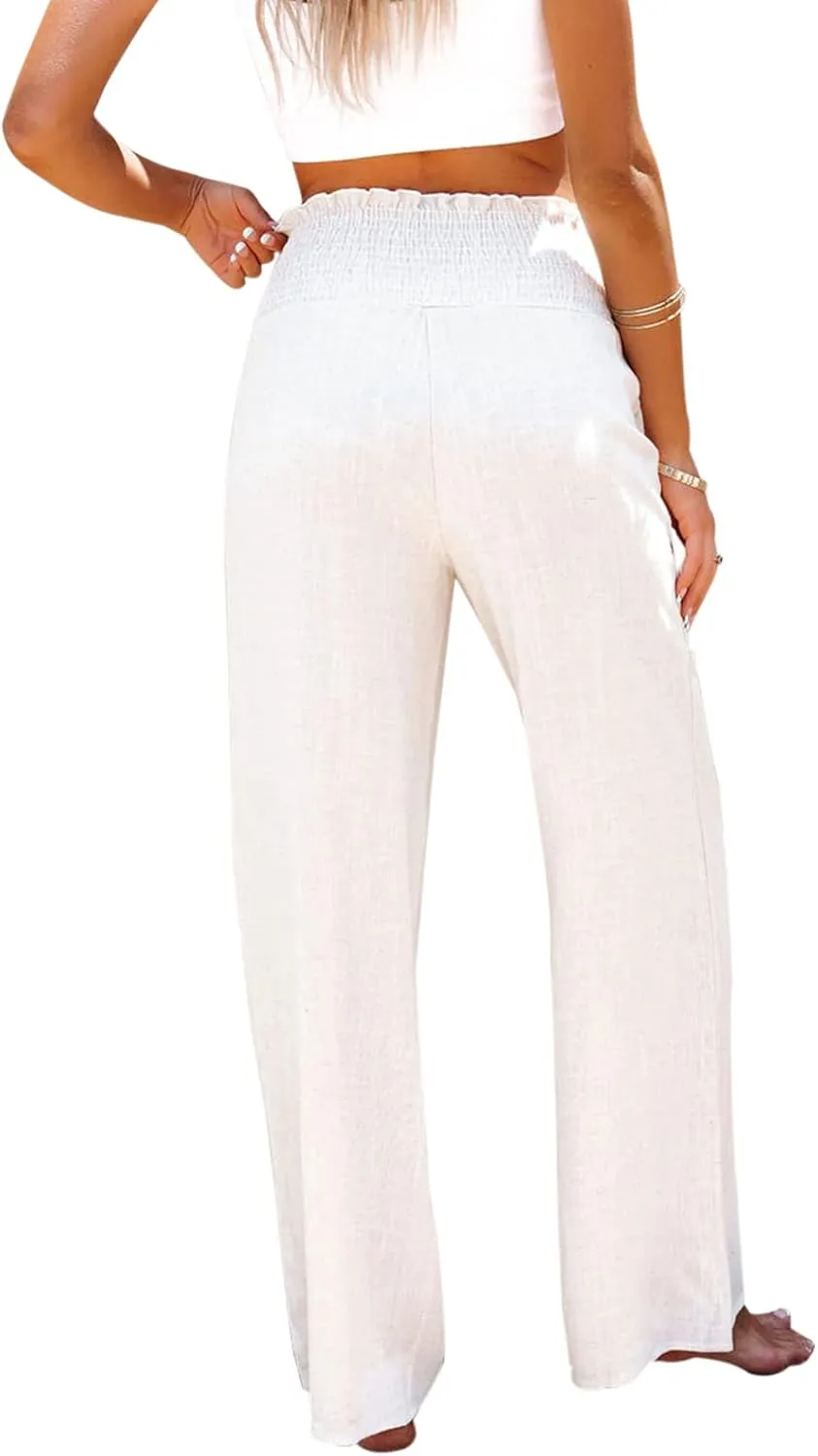 Chatinction Wide Leg Palazzo Pants for Women's Casual Smocked High Waist Trousers Solid Flowy Tiered Pants