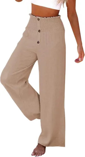 Chatinction Wide Leg Palazzo Pants for Women's Casual Smocked High Waist Trousers Solid Flowy Tiered Pants