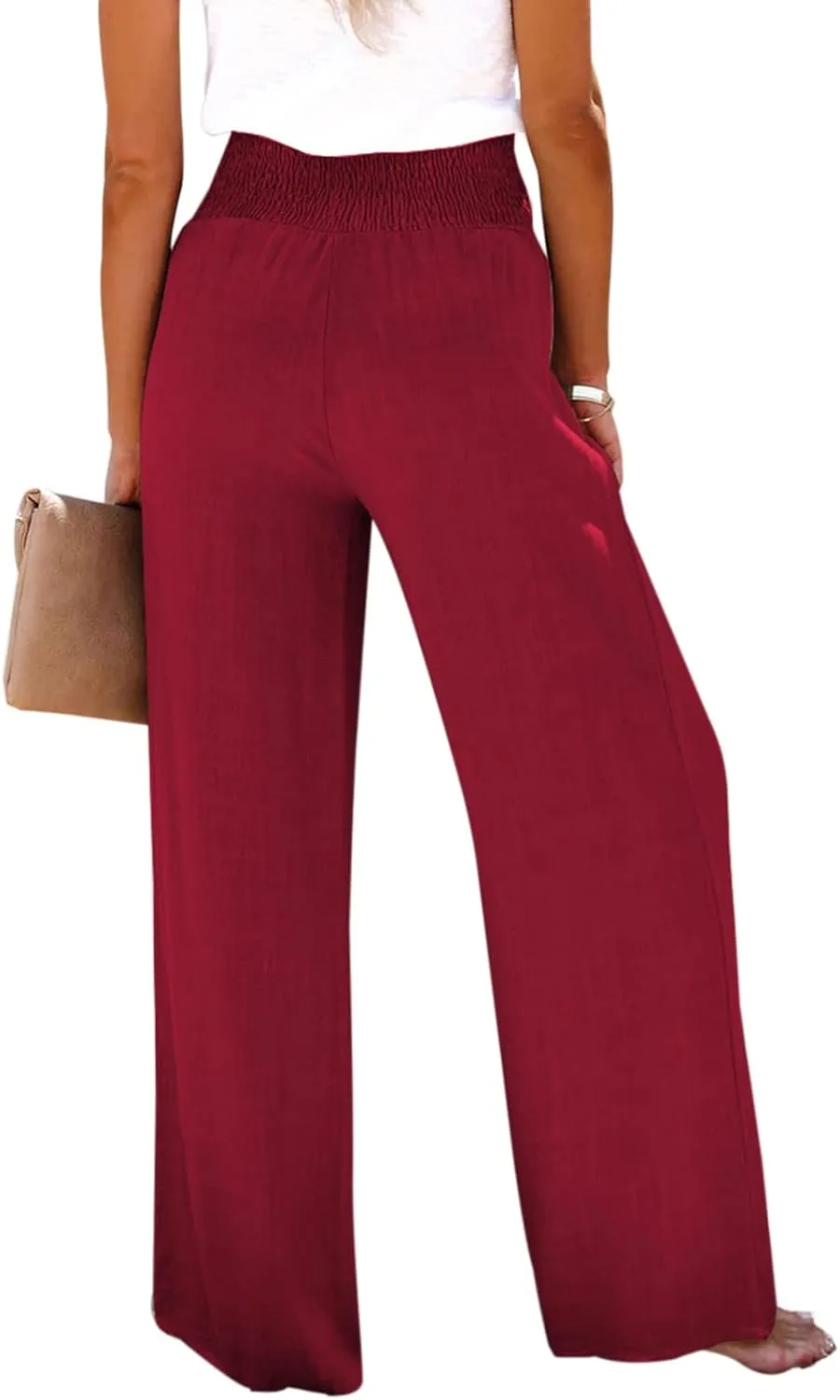 Chatinction Wide Leg Palazzo Pants for Women's Casual Smocked High Waist Trousers Solid Flowy Tiered Pants