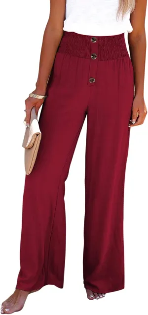 Chatinction Wide Leg Palazzo Pants for Women's Casual Smocked High Waist Trousers Solid Flowy Tiered Pants