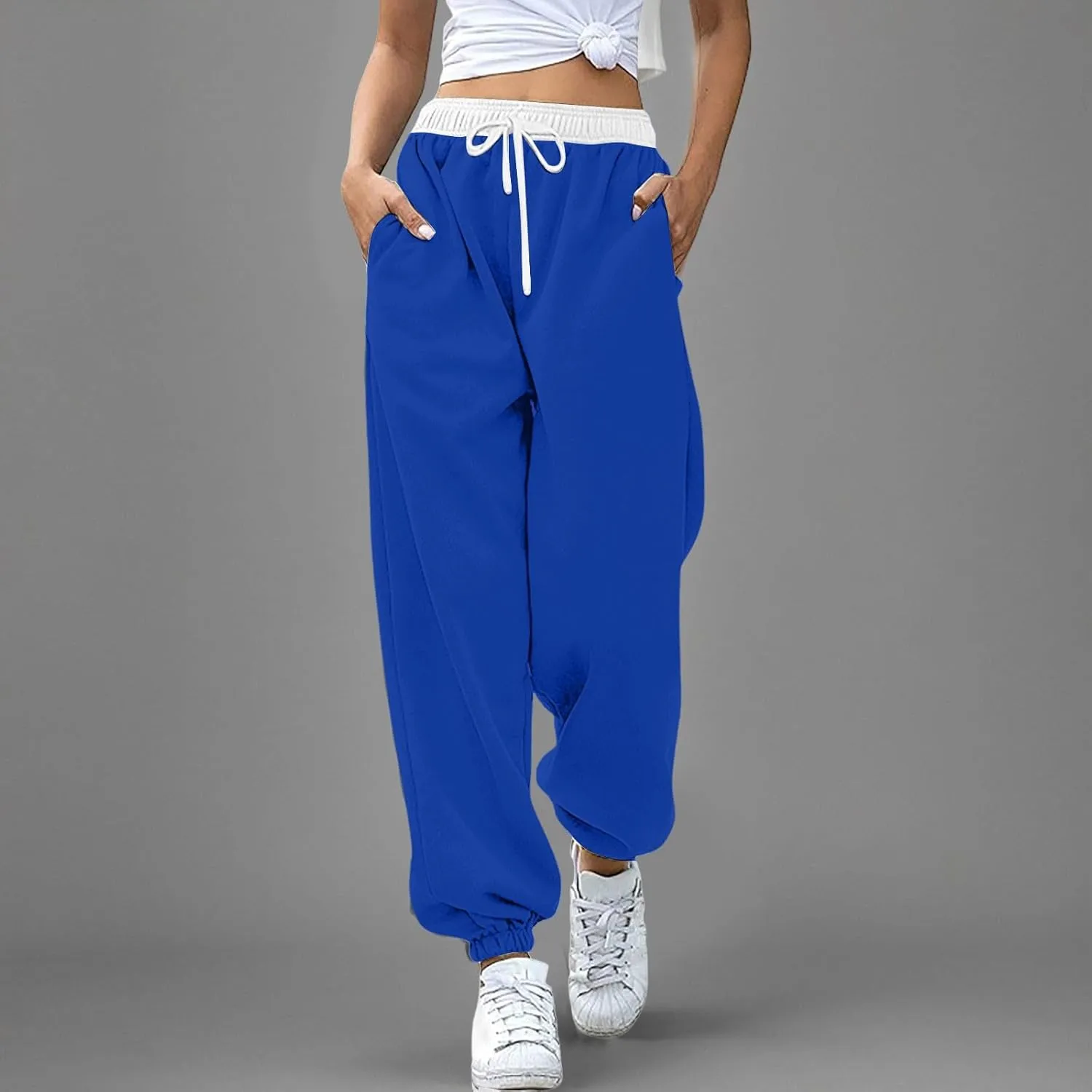 Cotton Fleece Lined Sweatpants Women Colorblock Straight Leg Sporty Gym Athletic Fit Jogger Pants Lounge Trousers