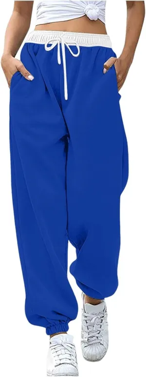 Cotton Fleece Lined Sweatpants Women Colorblock Straight Leg Sporty Gym Athletic Fit Jogger Pants Lounge Trousers