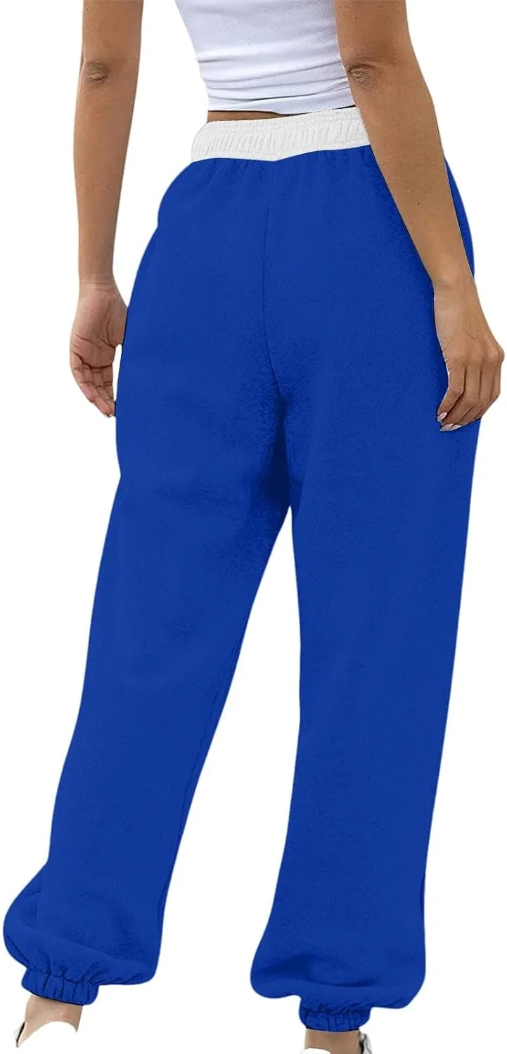 Cotton Fleece Lined Sweatpants Women Colorblock Straight Leg Sporty Gym Athletic Fit Jogger Pants Lounge Trousers