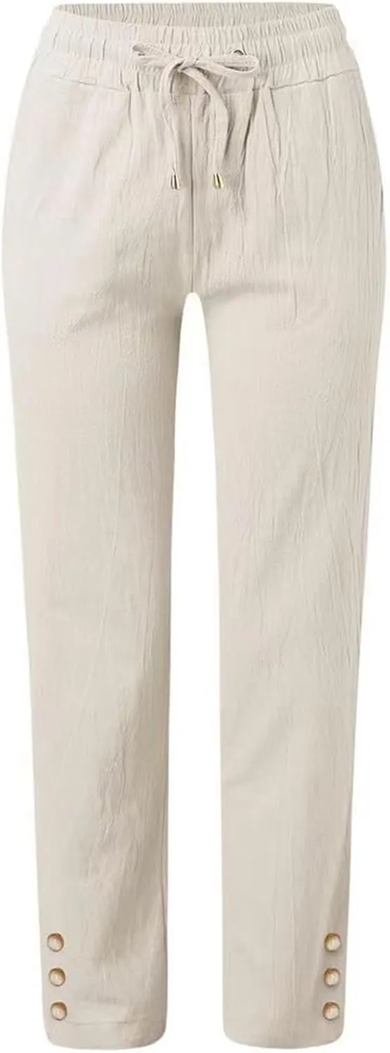Cotton Linen Pants Women High Waist Trousers with Side Pockets Casual Lightweight Breathable Long Pants for Summer