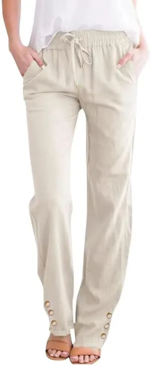 Cotton Linen Pants Women High Waist Trousers with Side Pockets Casual Lightweight Breathable Long Pants for Summer