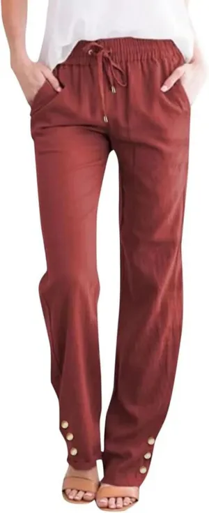 Cotton Linen Pants Women High Waist Trousers with Side Pockets Casual Lightweight Breathable Long Pants for Summer