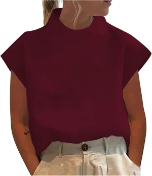 Cotton Linen Shirts for Women Summer Casual High Neck Cap Sleeve Tops Tee Trendy Soft Comfy Business Work Blouses