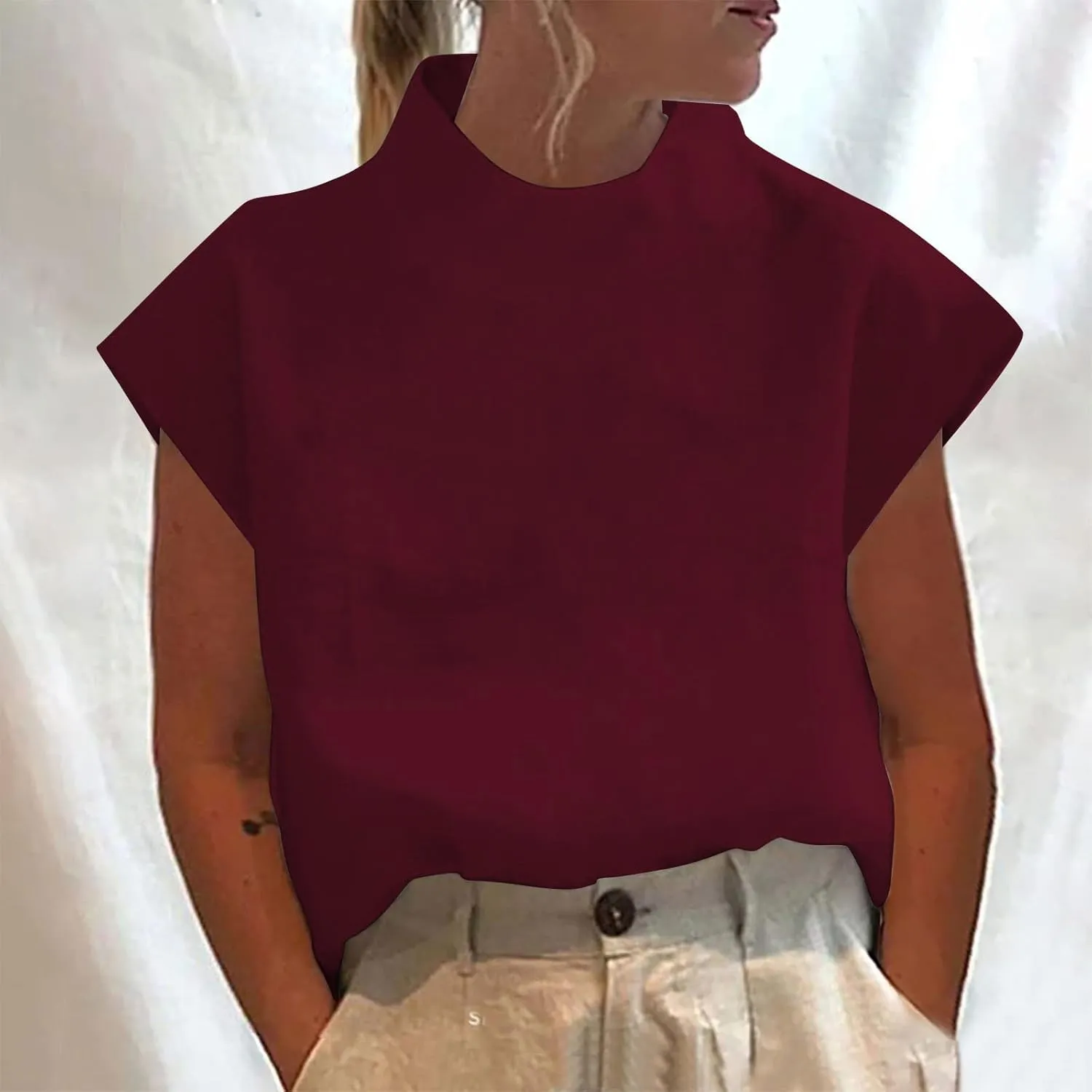 Cotton Linen Shirts for Women Summer Casual High Neck Cap Sleeve Tops Tee Trendy Soft Comfy Business Work Blouses