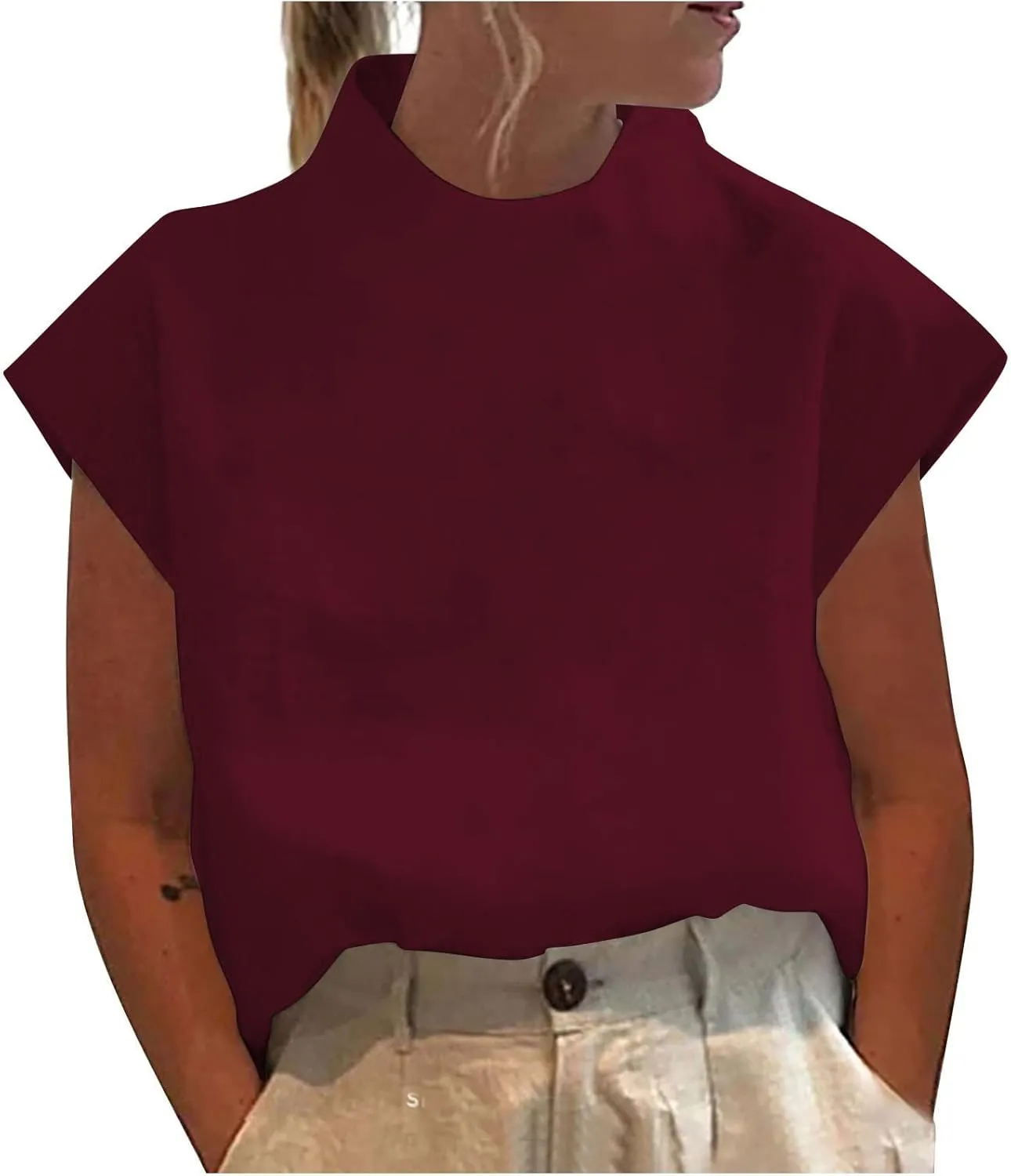 Cotton Linen Shirts for Women Summer Casual High Neck Cap Sleeve Tops Tee Trendy Soft Comfy Business Work Blouses