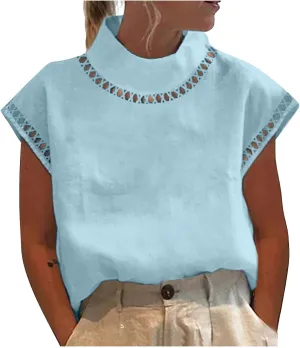 Cotton Linen Tops for Women 2024 Casual Cap Sleeve Summer Shirts Loose High Neck Tshirt Dressy Casual Blouses