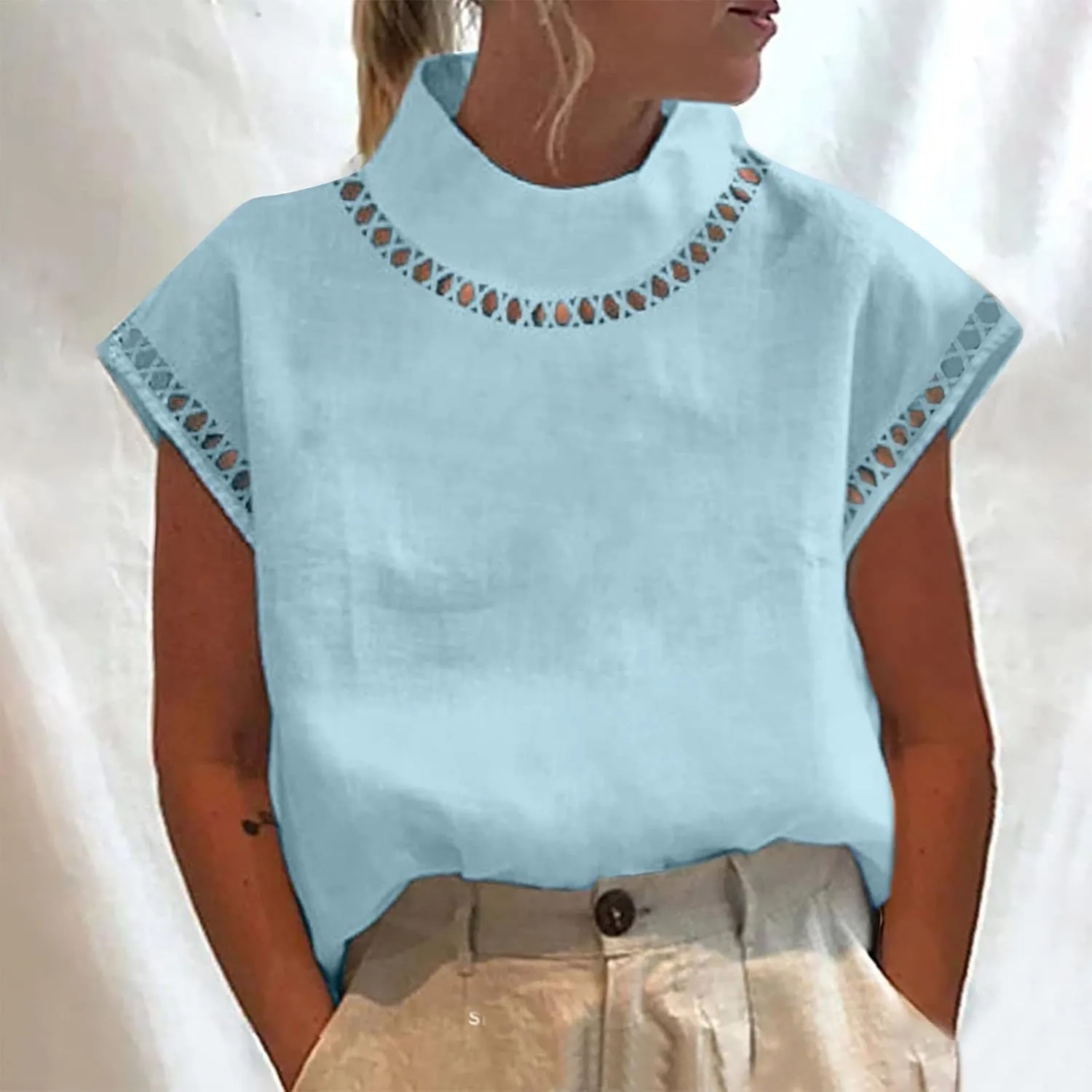 Cotton Linen Tops for Women 2024 Casual Cap Sleeve Summer Shirts Loose High Neck Tshirt Dressy Casual Blouses