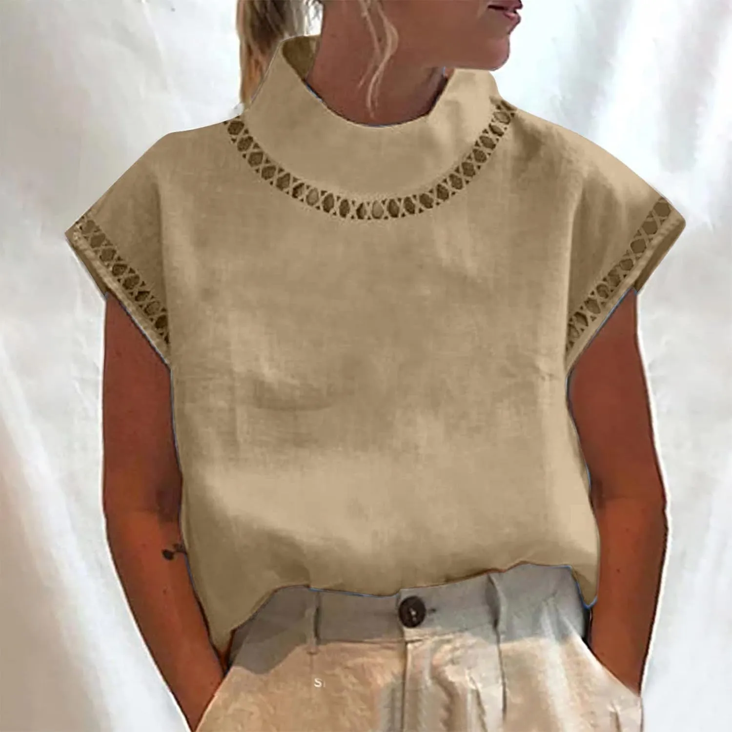 Cotton Linen Tops for Women 2024 Casual Cap Sleeve Summer Shirts Loose High Neck Tshirt Dressy Casual Blouses