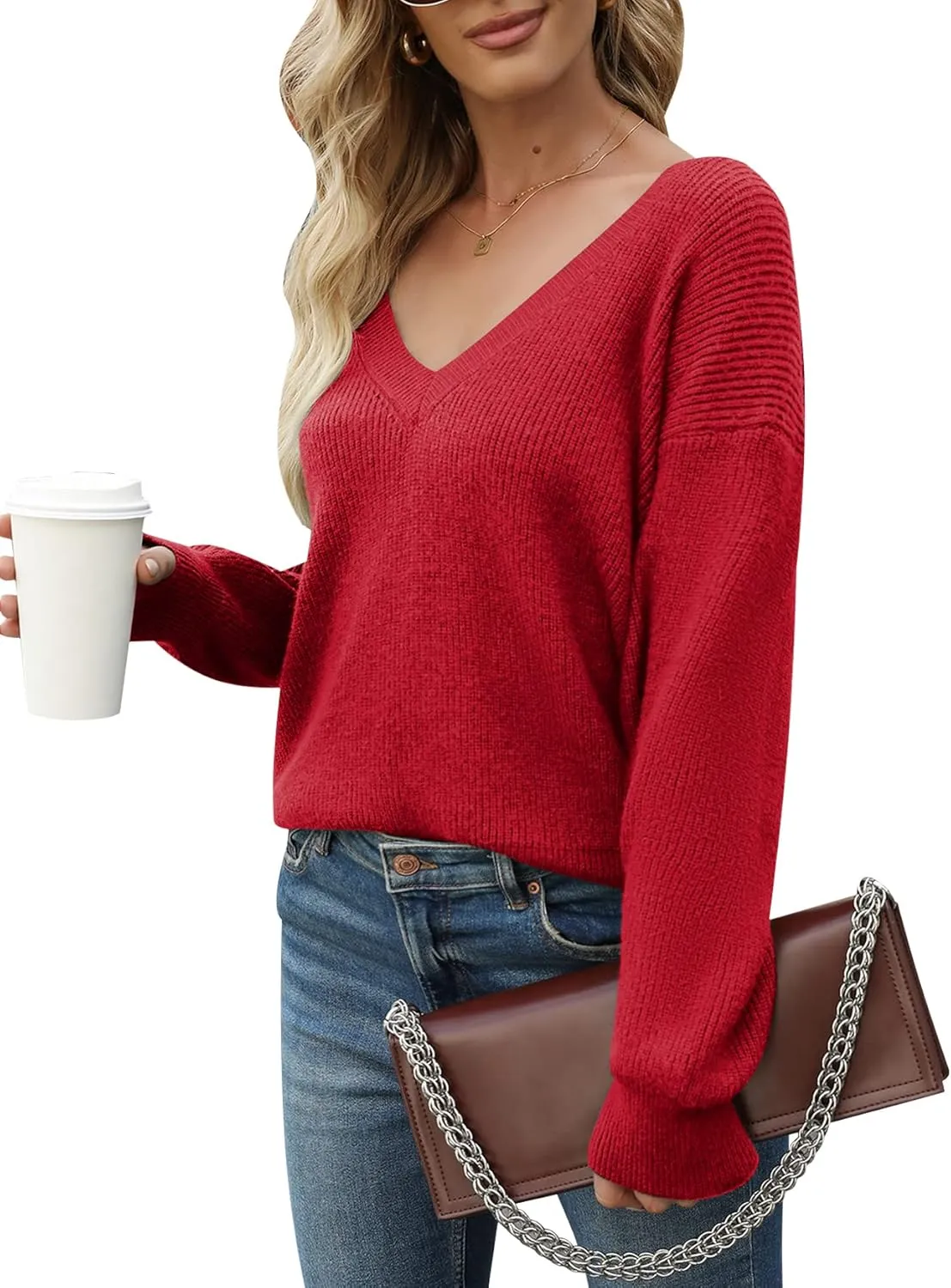 Cowasto Women Sexy Deep V Neck Sweater Christmas Sweaters Casual Long Sleeve Fall Sweaters Pullover