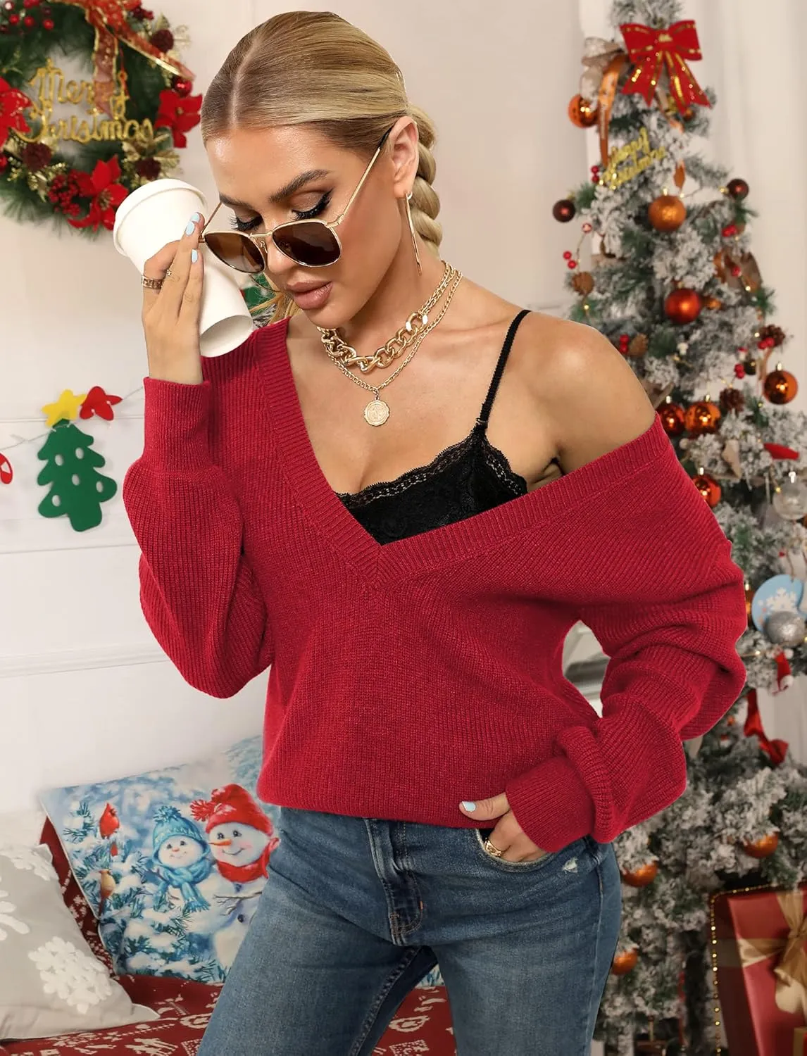 Cowasto Women Sexy Deep V Neck Sweater Christmas Sweaters Casual Long Sleeve Fall Sweaters Pullover