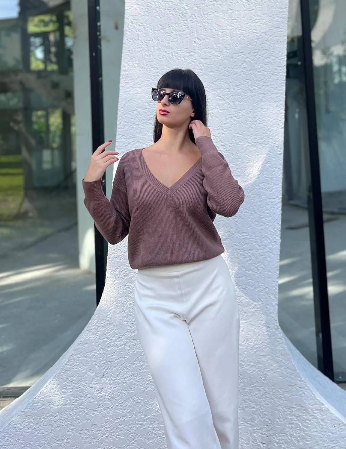 Cowasto Women Sexy Deep V Neck Sweater Christmas Sweaters Casual Long Sleeve Fall Sweaters Pullover