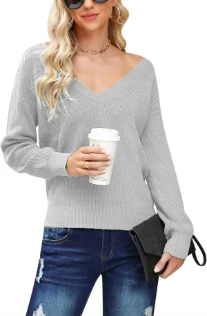 Cowasto Women Sexy Deep V Neck Sweater Christmas Sweaters Casual Long Sleeve Fall Sweaters Pullover