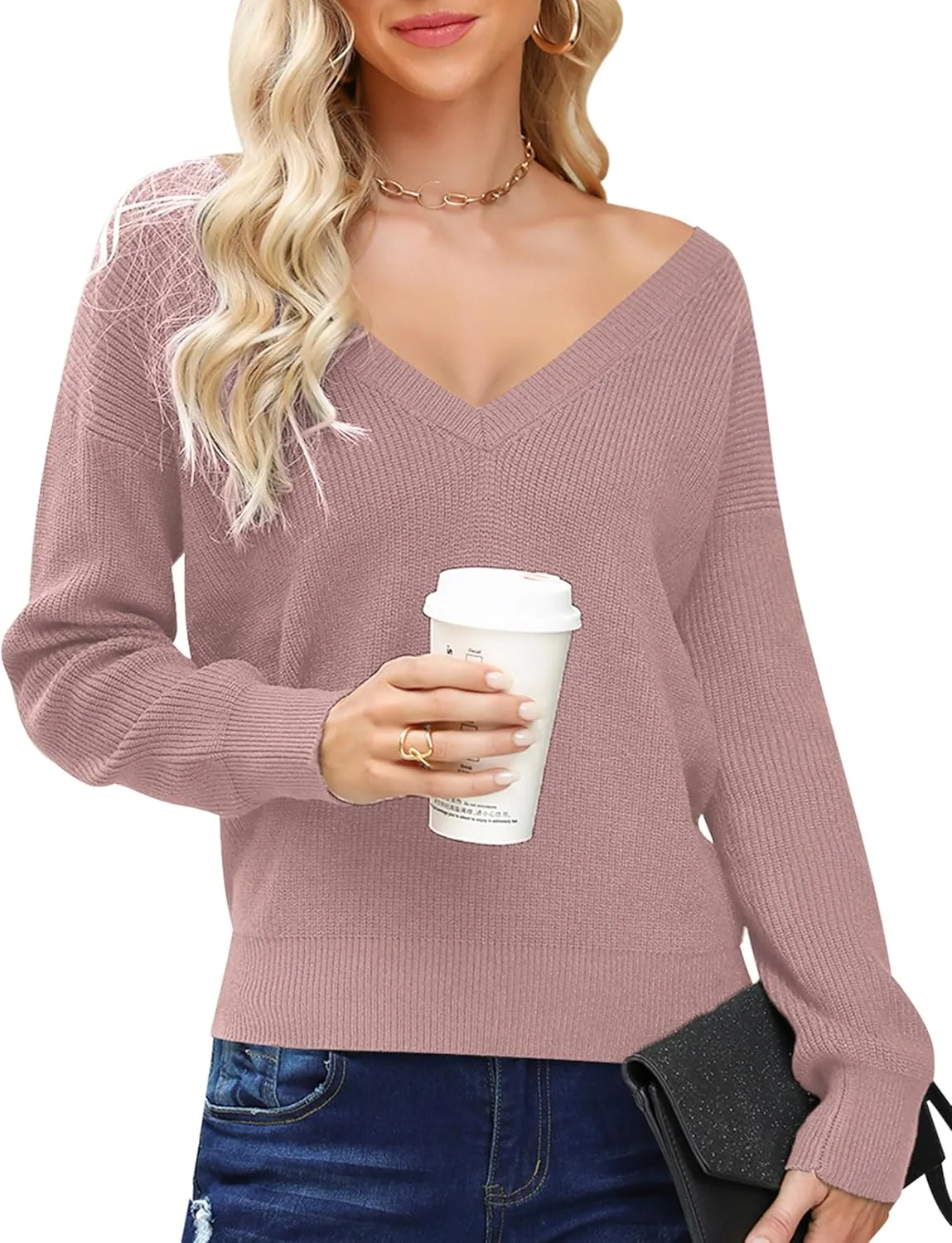 Cowasto Women Sexy Deep V Neck Sweater Christmas Sweaters Casual Long Sleeve Fall Sweaters Pullover