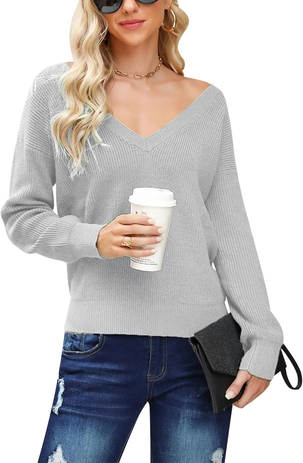 Cowasto Women Sexy Deep V Neck Sweater Christmas Sweaters Casual Long Sleeve Fall Sweaters Pullover