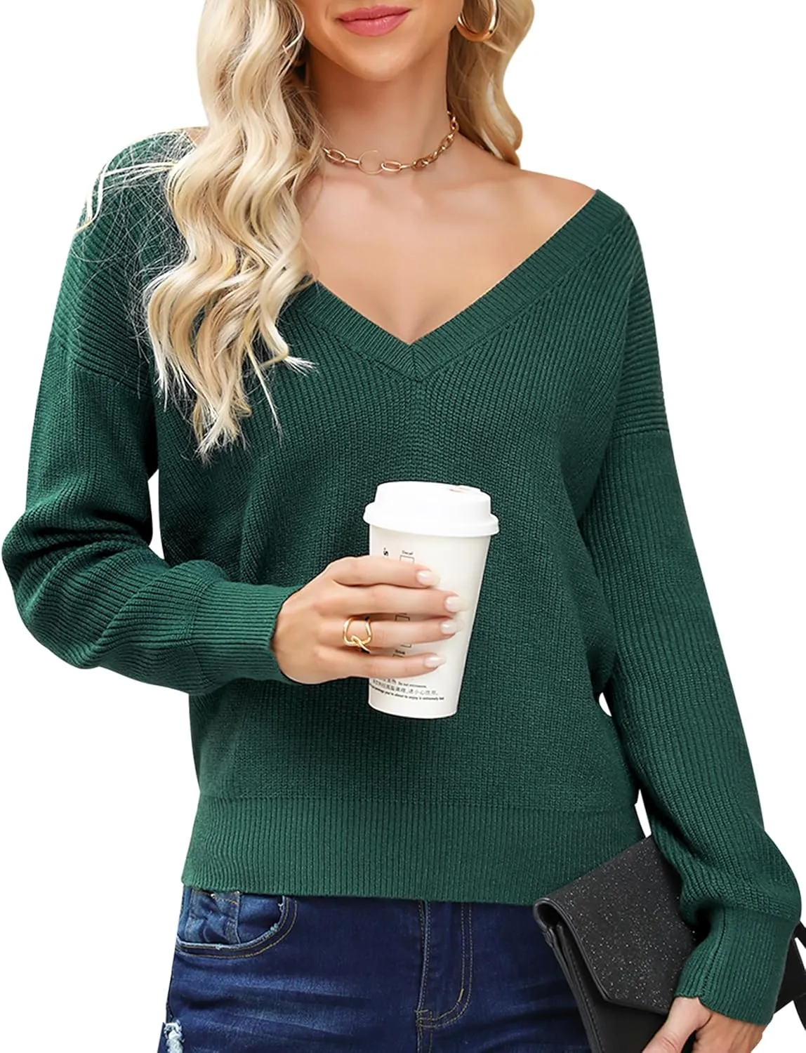 Cowasto Women Sexy Deep V Neck Sweater Christmas Sweaters Casual Long Sleeve Fall Sweaters Pullover