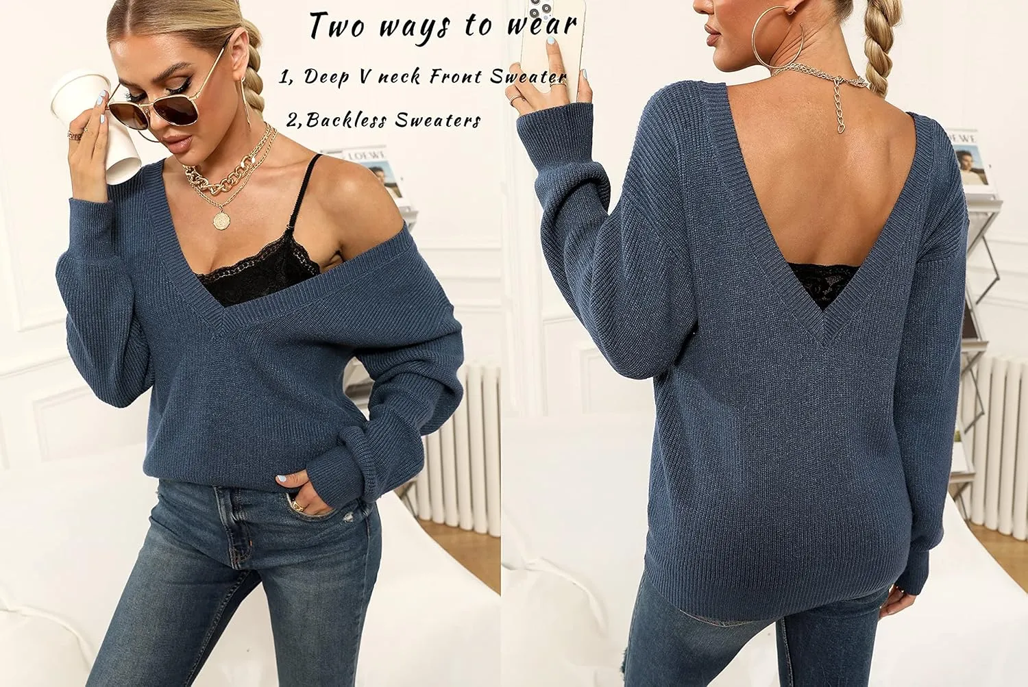 Cowasto Women Sexy Deep V Neck Sweater Christmas Sweaters Casual Long Sleeve Fall Sweaters Pullover