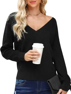 Cowasto Women Sexy Deep V Neck Sweater Christmas Sweaters Casual Long Sleeve Fall Sweaters Pullover