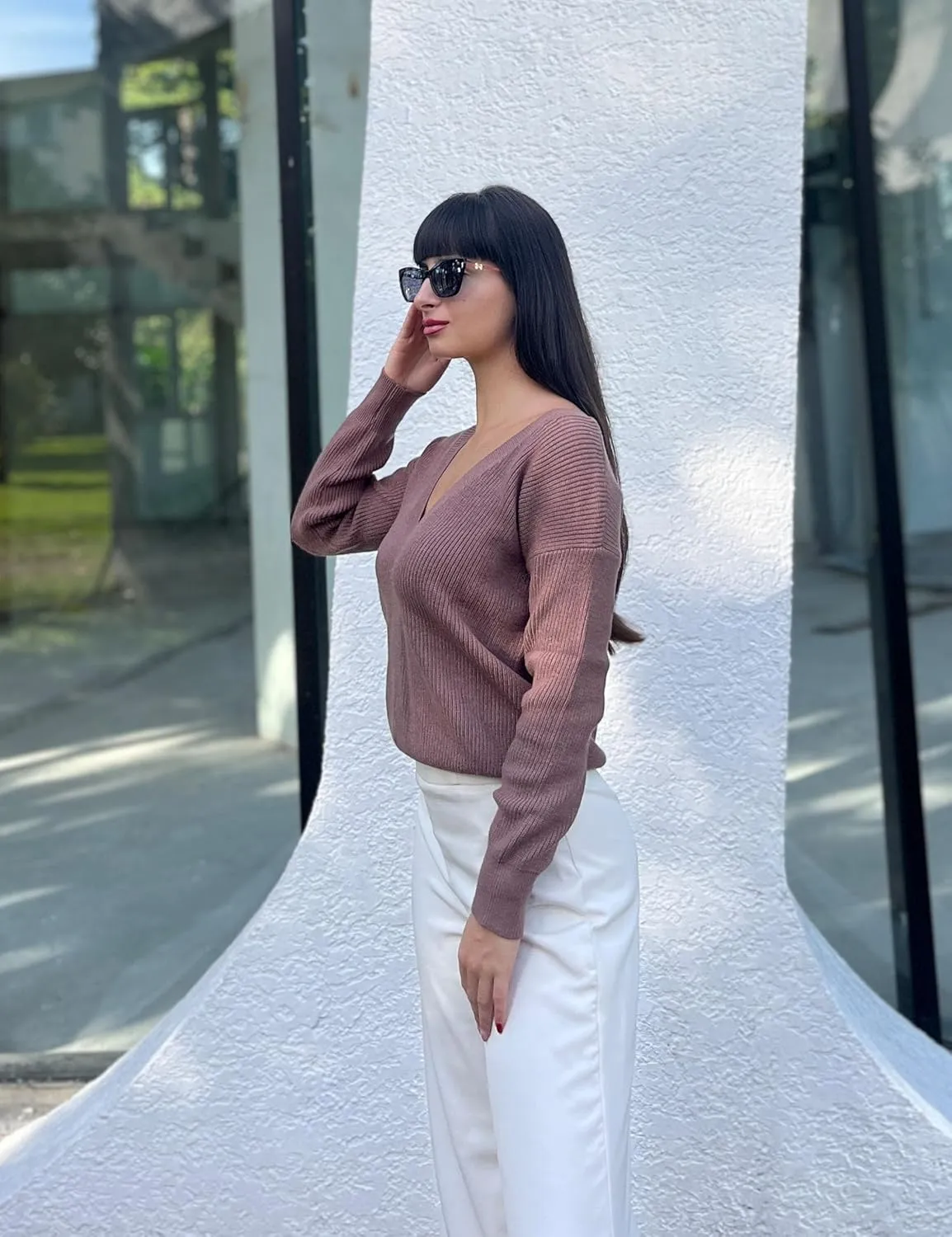 Cowasto Women Sexy Deep V Neck Sweater Christmas Sweaters Casual Long Sleeve Fall Sweaters Pullover